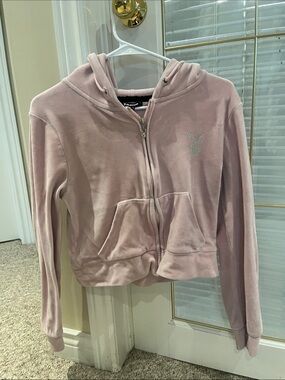 PLAYBOY Light Pink Plush Zip-Up Hoodie with Crystal Bunny